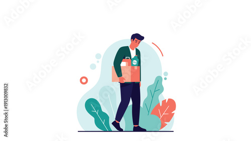 Sad man walking slowly while carrying a cardboard box filled with belongings against a stylized leafy background.