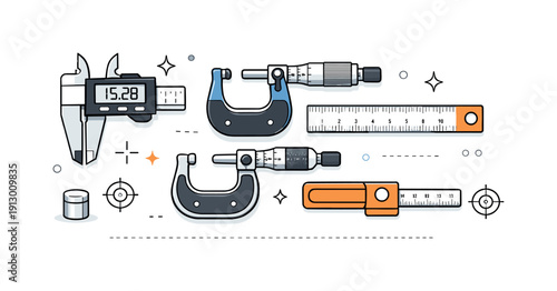 Precision measuring tools overview. Clean calipers, micrometers, and rulers arranged neatly on a workspace, showing accuracy and attention to