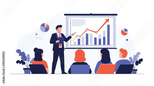 Professional businessman giving a financial presentation to a seated audience using a chart showing positive growth.
