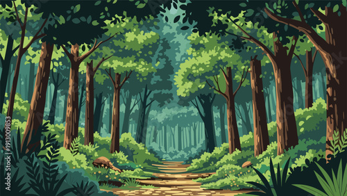 Dense green forest with a winding dirt path leading through tall trees and lush vegetation in a peaceful landscape.