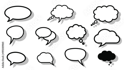 Collection of various white speech and thought bubbles with shadows on a plain background for comic books and graphic design.