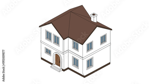 Modern two-story residential white house with a brown roof and multiple windows in a clean isometric perspective.