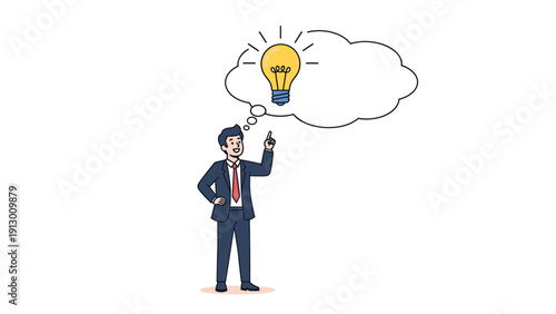 Enthusiastic businessman in a suit pointing up with a lightbulb in a thought bubble representing a creative idea.
