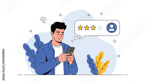 Smiling man in a blue jacket using his smartphone to give a positive three-star rating and feedback on an app.