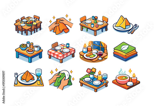 Home dining. Colorful isometric vector icons set of Home dining: family table setting, cloth napkin use, casual dining table, folded napkin