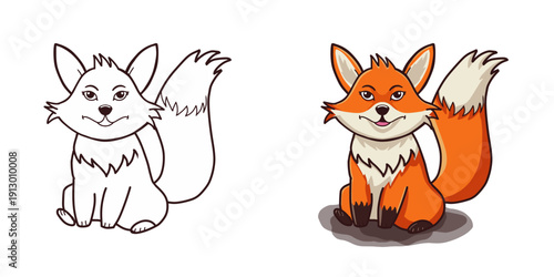 Cute cartoon fox character in color and black and white illustration. Adorable sitting fox illustration for kids book and coloring page