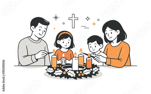 Christian holidays and their traditions. Family lighting candles together during a holiday celebration, calm and reverent atmosphere. Scene