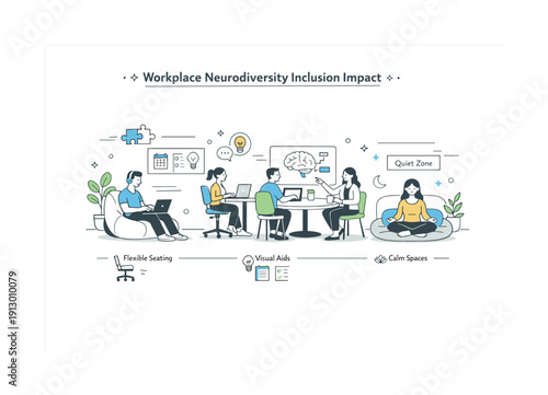 Workplace neurodiversity inclusion impact. A balanced workspace with flexible seating, visual aids, and calm zones integrated naturally. The