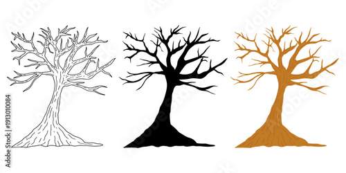 Bare winter tree branch vector collection in black, white, and brown. Hand drawn set of bare trees in black, brown, and line art styles