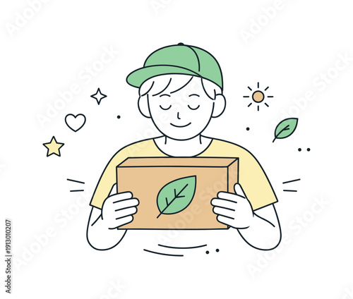 Eco-friendly packaging. A person holding a recyclable box with a leaf symbol, calm and conscious mood showing care for nature and sustainable