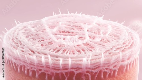 Macro view of delicate pink collagen fibers and skin layers glowing with soft ambient light in a close up microscopic study