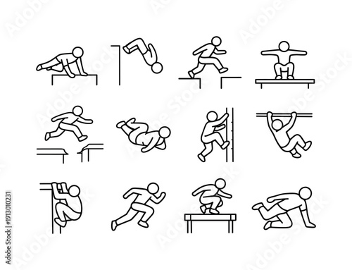 Street Acrobatics Icons. Street acrobatics. Line icon set of Street acrobatics: parkour vault, wall flip, precision jump, rail balance, rooftop leap, roll