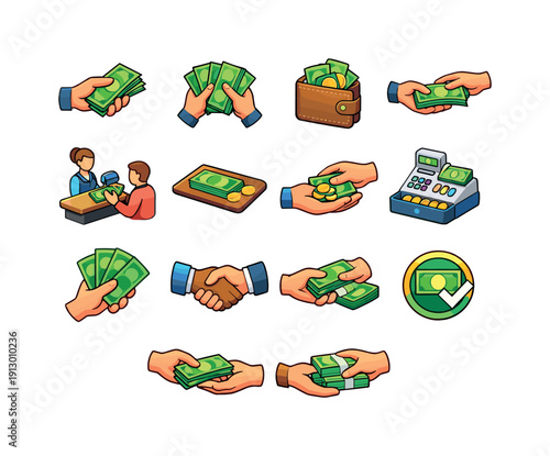 Cash Payment. Colorful isometric vector icons set of Cash Payment: paying with banknotes, counting cash money, wallet cash payment, retail