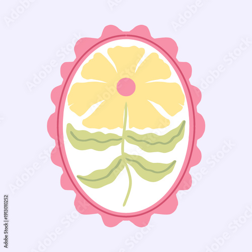 Vintage floral badge illustration with yellow flower in pink scalloped frame. Hand drawn flower aesthetic sticker with scalloped border