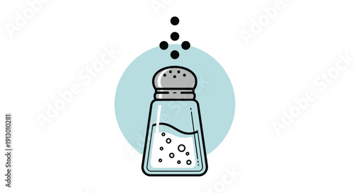Simple vector illustration of a clear glass salt shaker dispensing seasoning over a light background