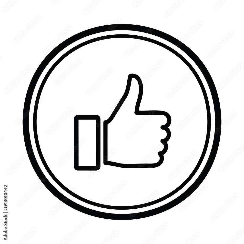 Obraz premium Black thumbs up in double circle outline monochrome hand gesture approval like