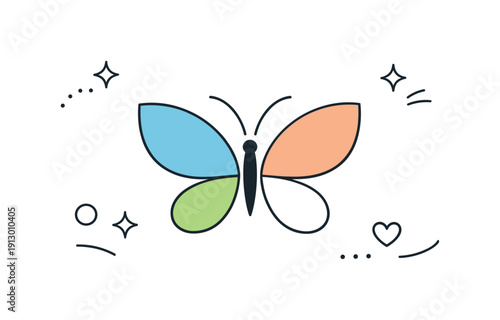 Butterfly abstract symbol. A calm editorial scene with a simplified butterfly icon built from geometric wings, expressing transformation and