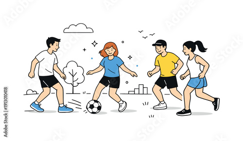 Playing soccer in the park with friends. A calm editorial scene of friends casually playing soccer on green grass, passing the ball and