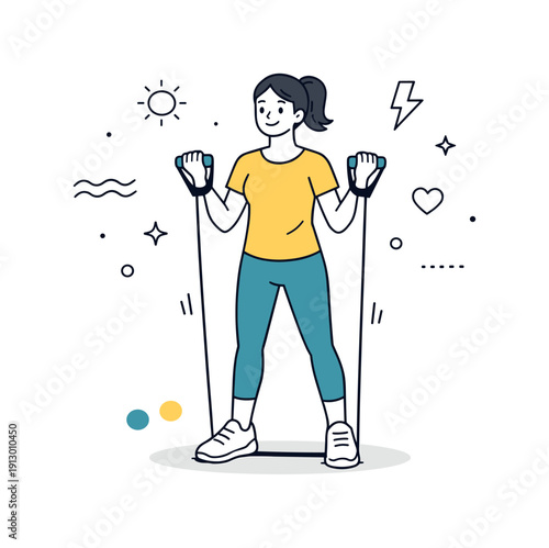 Physical activity and energy. A character lifting light weights or exercising with resistance bands, relaxed posture and steady rhythm. Clean