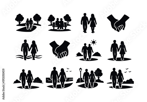 Park Stroll Together. Solid icon set of Park Stroll Together: outdoor pathway, park bench background, leafy trees, couple silhouettes, hand