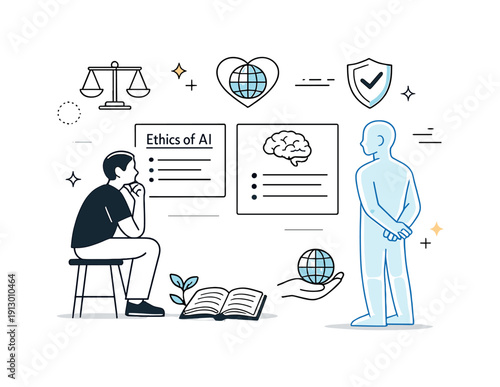 Ethics of synthetic consciousness. A thoughtful human figure reviewing information panels while a transparent AI silhouette observes nearby,