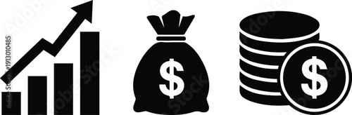 Financial growth icons featuring rising bar chart, money bag, and dollar coins for business success