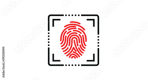 Simple red fingerprint icon centered within a black scanning frame indicates digital identity verification process