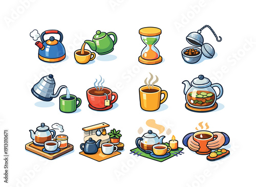 Tea brewing. Colorful isometric vector icons set of tea brewing: boiling kettle, teapot pouring, tea steeping timer, tea infuser ball, hot