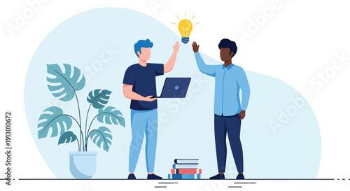 Two individuals high-five under a glowing light bulb, symbolizing a bright idea. One holds a laptop. A plant and books are in the background, suggesting a collaborative, creative atmosphere.