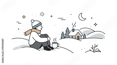 Winter calm concept. Minimal scene with gentle shapes and desaturated colors, evoking slow pace and cozy silence. Soft and modern seasonal