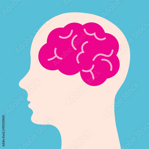 Human head silhouette with visible brain illustration on blue background. Mental health concept design symbolizing psychology, neuroscience, thinking process, memory, intelligence, and cognition.
