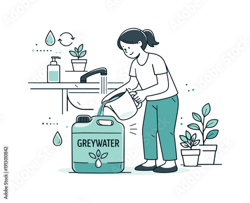 Water conservation systems. Person collecting greywater from a sink into a reuse container for plants. Everyday eco-friendly habit shown with