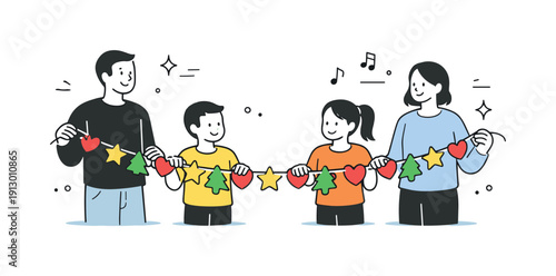 Family Garland Crafting. Making holiday decorations together as