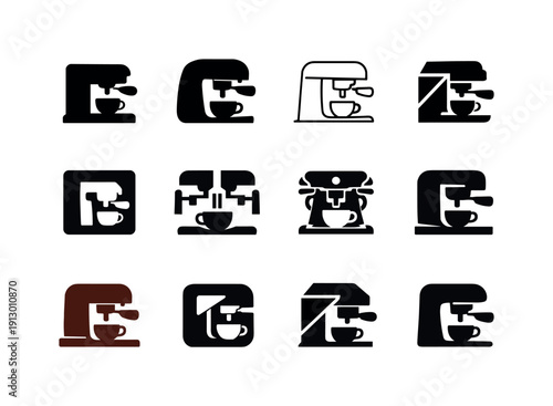 Local cafes. Icon set. Set Logo of local cafes: espresso machine silhouette. harmonious logo variations of the same emblematic concept, each