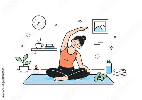 Exercise as self-care ritual. A peaceful home scene where fitness is part of a balanced daily routine. Stability, self-kindness,