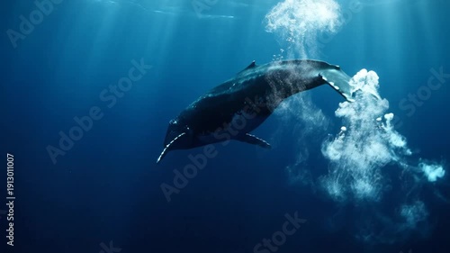 Humpback whale gliding underwater with trailing bubbles in deep blue ocean