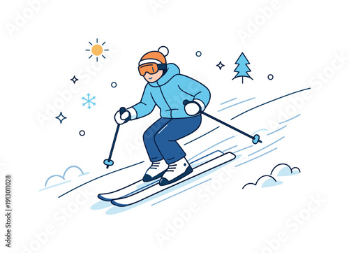 Elegant Ski Descent. Skiing in winter sports. A skier gliding smoothly down a snowy slope, gentle motion lines showing movement and control. Editorial scene
