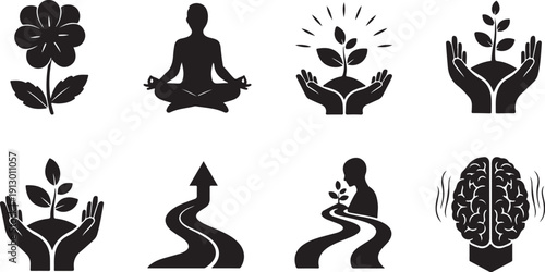 Mindfulness and wellness icons for meditation and growth concept