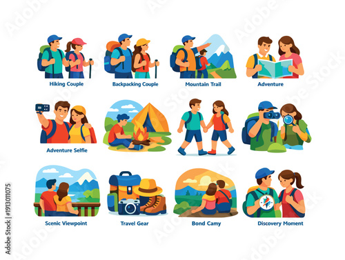 Couples' Adventure Icons. Couples on Adventures. Colorful flat vector icons set of Couples on Adventures: couple hiking, backpack travel, mountain trail,