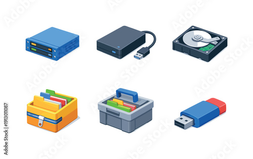 Digital storage. Isometric flat vector icons set of digital storage: data drive device, personal storage drive, media storage hard drive,