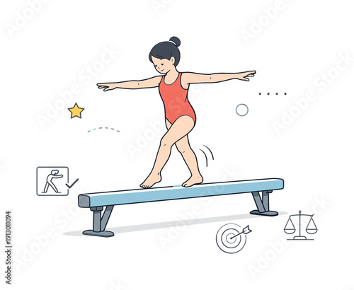 Training balance and coordination. Calm editorial scene showing a gymnast practicing basic movements on a balance beam, gentle motion lines