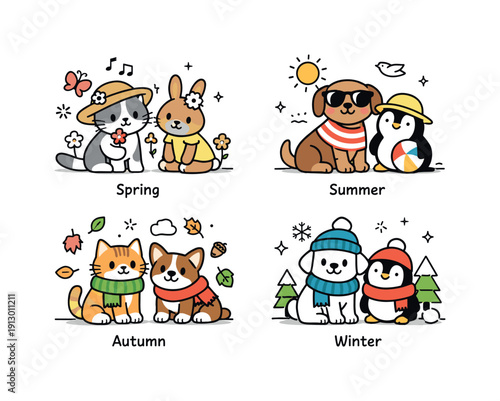 Seasonal pets collection. A group of pets each dressed for a different season, neatly arranged with simple labels like spring and winter,