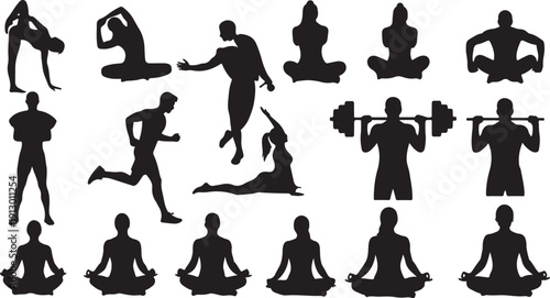 Silhouettes of people exercising and meditating in various poses
