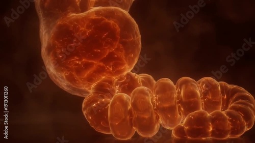 Detailed 3D rendering of microscopic biological cells and cellular structures illuminated with warm orange light showcasing intricate internal details