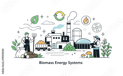 Biomass energy systems overview. A calm editorial scene showing a modern biomass power facility surrounded by plants and organic materials,