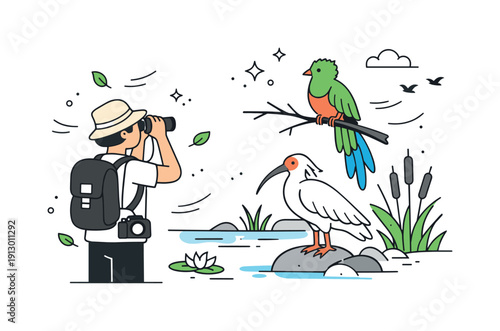 Birdwatching in rare ecosystems. A traveler standing still in wetlands or forest edge, spotting uncommon bird species perched nearby.