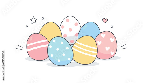 Painted eggs pastel. A soft arrangement of pastel painted eggs resting on a clean surface, each with minimal patterns like dots and lines.