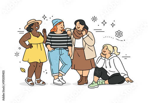 Inclusive Fashion Editorial. Inclusive fashion trends. A group of plus-size models wearing different seasonal outfits, friendly interaction and relaxed poses.