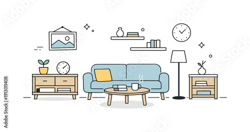 Minimalist Interior Serenity. Minimalist lifestyle and decluttering trends. Simple interior scene with neatly arranged furniture and plenty of empty space.