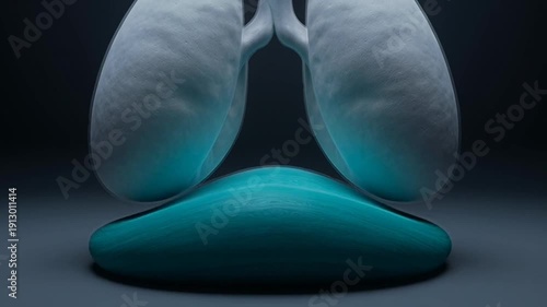 Close Up Of Anatomical Lungs And Diaphragm Muscle In Teal And White With Dramatic Lighting Against Dark Background Illustrating Respiration And Breathing Mechanics